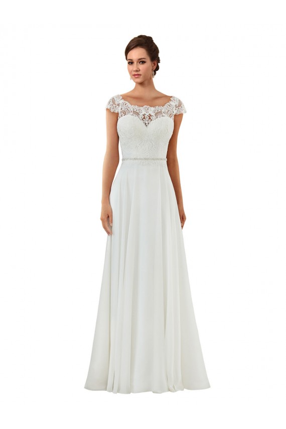 Mangas Curtas Barco Chiffon Marfim Comboio Capela Vestidos de Noiva Mais Barato