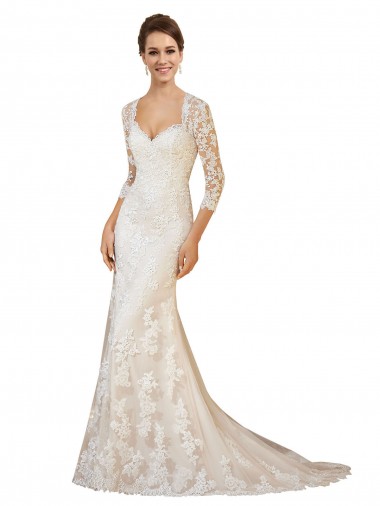 Mangas Compridas Amor Renda Marfim Comboio Capela Vestido de Noiva Mais Barato