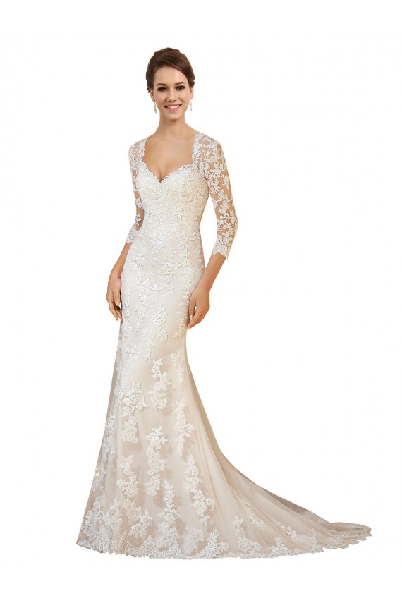 Mangas Compridas Amor Renda Marfim Comboio Capela Vestido de Noiva Mais Barato