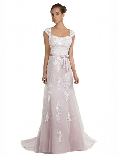 Sem Mangas Sem alças Tule & Renda Marfim & Rosa Comboio Varredela Vestidos de Noiva Mais Barato