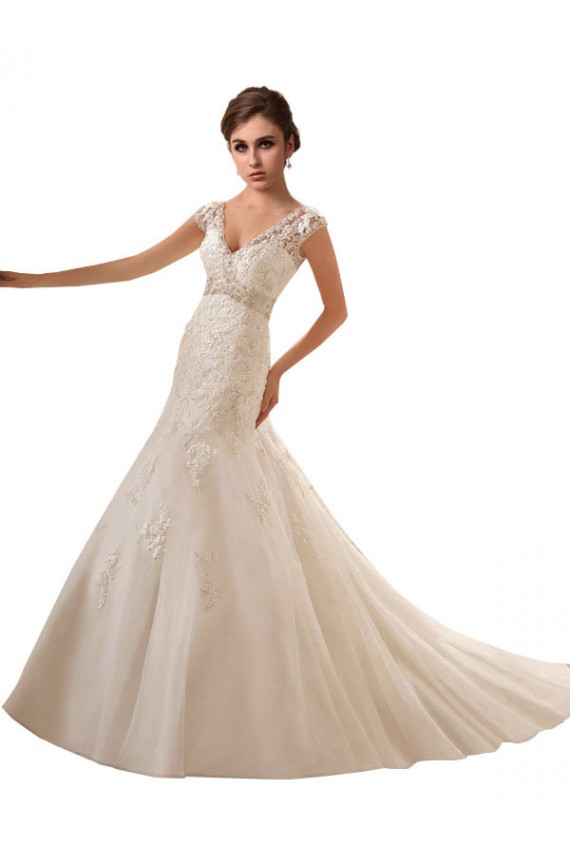Sem Mangas Decote V Tule & Renda Marfim Comboio Capela Vestido de Festa / Vestido de Madrinha Mais Barato