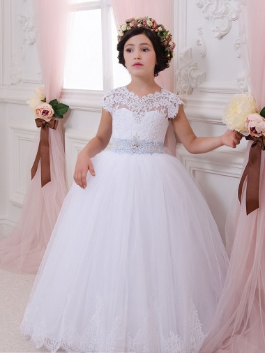 Mangas Curtas Amor Tule & Renda Marfim Comboio Capela Vestidos para Meninas de Flores Mais Barato