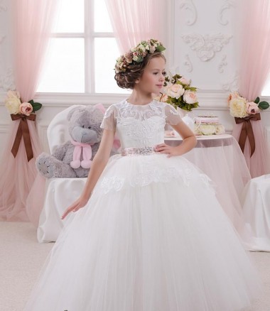 Sem Mangas Amor Tule & Renda Marfim Comprimento Chão Vestidos para Meninas de Flores Mais Barato