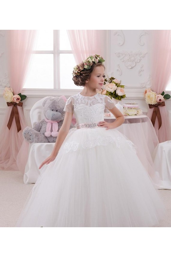 Sem Mangas Amor Tule & Renda Marfim Comprimento Chão Vestidos para Meninas de Flores Mais Barato