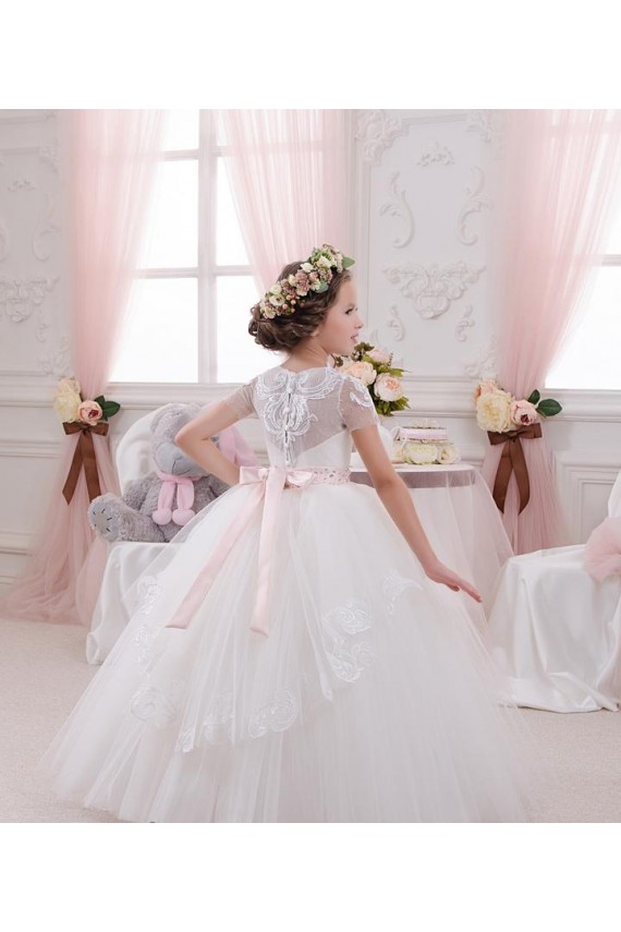 Sem Mangas Amor Tule & Renda Marfim Comprimento Chão Vestidos para Meninas de Flores Mais Barato