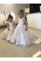 Sem Mangas Barco Tule & Renda Marfim Comboio Capela Vestidos para Meninas de Flores Mais Barato