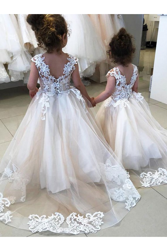 Sem Mangas Barco Tule & Renda Marfim Comboio Capela Vestidos para Meninas de Flores Mais Barato