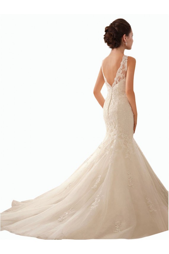 Sem Mangas Decote Ilusão Tule & Renda Marfim Comboio Capela Vestido de Festa / Vestido de Madrinha Mais Barato