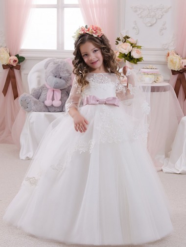 Sem Mangas Barco Tule & Renda Marfim Comboio Capela Longo Vestido para Meninas de Flores Mais Barato