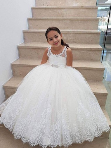 Sem Mangas Decote Alto Tule & Renda Marfim Comprimento Chão Vestidos para Meninas de Flores Mais Barato
