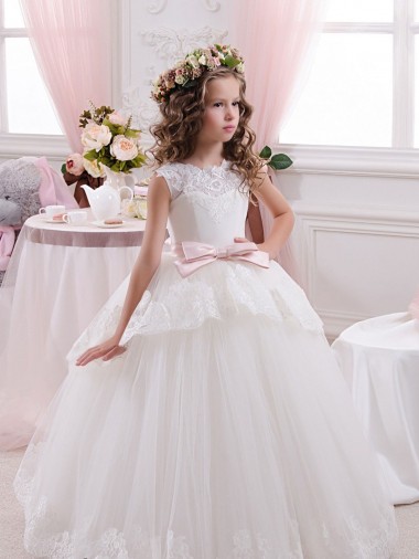 Sem Mangas Amor Tule & Renda Marfim Comboio Capela Vestidos para Meninas de Flores Mais Barato