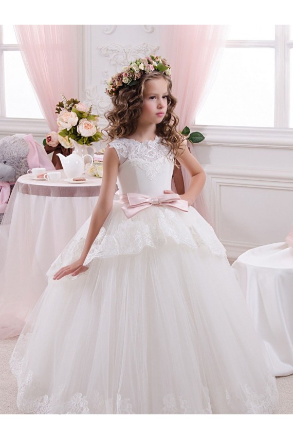 Sem Mangas Amor Tule & Renda Marfim Comboio Capela Vestidos para Meninas de Flores Mais Barato
