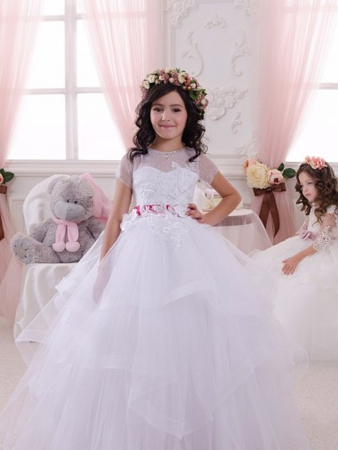 Mangas Curtas Amor Tule & Renda Marfim Comprimento Chão Vestidos para Meninas de Flores Mais Barato