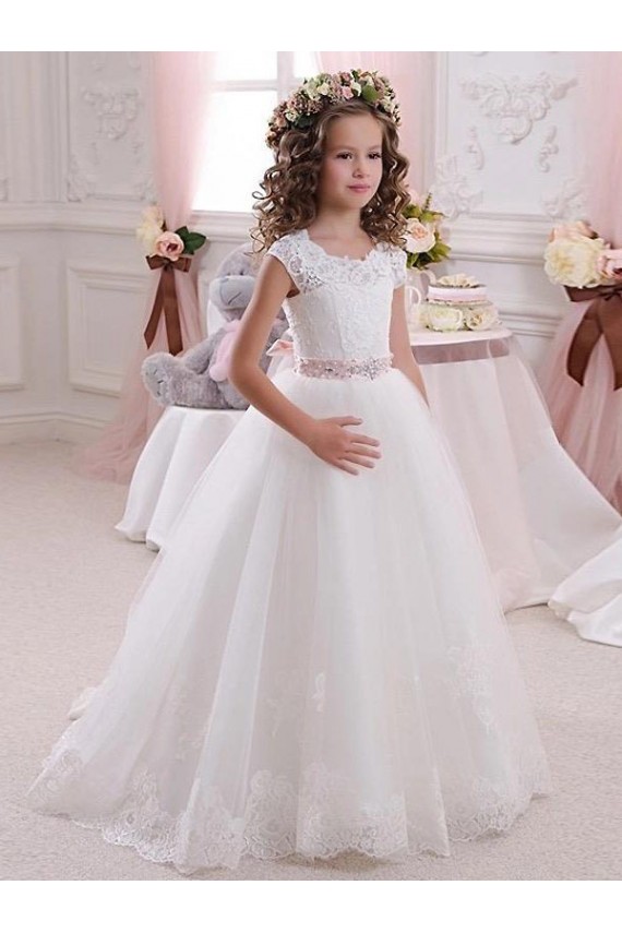 Mangas Curtas Decote Alto Tule & Renda Marfim Comprimento Chão Longo Vestidos para Meninas de Flores Mais Barato