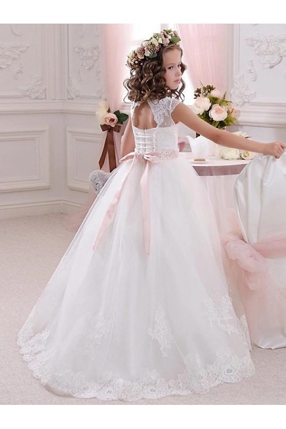 Mangas Curtas Decote Alto Tule & Renda Marfim Comprimento Chão Longo Vestidos para Meninas de Flores Mais Barato