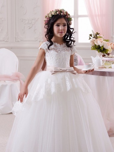 Sem Mangas Amor Tule & Renda Marfim Comprimento Chão Longo Vestidos para Meninas de Flores Mais Barato