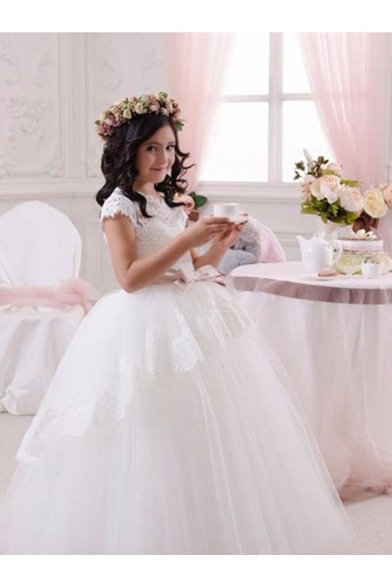 Sem Mangas Amor Tule & Renda Marfim Comprimento Chão Longo Vestidos para Meninas de Flores Mais Barato