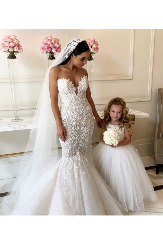 Sem Mangas Barco Tule & Renda Marfim Comboio Capela Vestido para Meninas de Flores Mais Barato