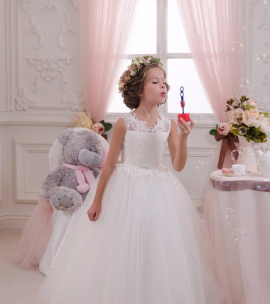 Sem Mangas Decote Alto Tule & Renda Marfim Comprimento Chão Vestido para Meninas de Flores Mais Barato