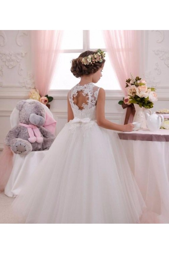 Sem Mangas Decote Alto Tule & Renda Marfim Comprimento Chão Vestido para Meninas de Flores Mais Barato