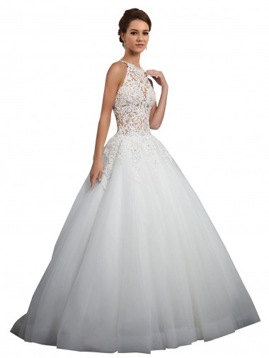 Sem Mangas Decote Alto Tule & Renda Marfim Comboio Capela Vestidos de Noiva Mais Barato