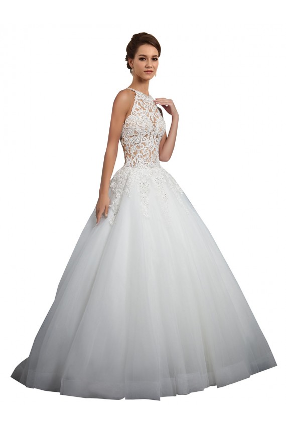 Sem Mangas Decote Alto Tule & Renda Marfim Comboio Capela Vestidos de Noiva Mais Barato