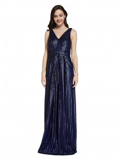 Sem Mangas Decote V Lantejoulas Marinha Negra Comprimento Chão Bainha Vestidos de Madrinha / Vestidos de Noite / Vestidos de Festa Mais Barato