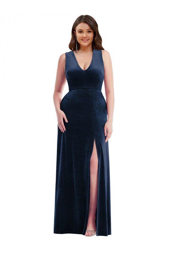 Sem Mangas Decote V Veludo Elástico Marinha Negra Comprimento Chão Longo Vestidos de Madrinha / Vestidos de Noite / Vestidos de Festa Mais Barato