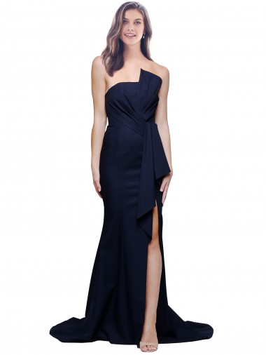 Sem Mangas Sem alças Crepe Esticado Marinha Negra Comboio Varredela Vestidos de Madrinha / Vestidos de Festa Mais Barato