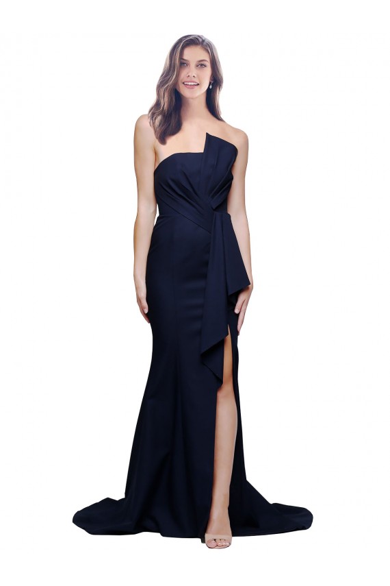 Sem Mangas Sem alças Crepe Esticado Marinha Negra Comboio Varredela Vestidos de Madrinha / Vestidos de Festa Mais Barato
