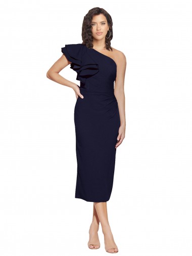 Sem Mangas Um Ombro Crepe Esticado Marinha Negra Comprimento Midi Vestidos de Madrinha / Vestidos de Noite / Vestidos de Festa Mais Barato