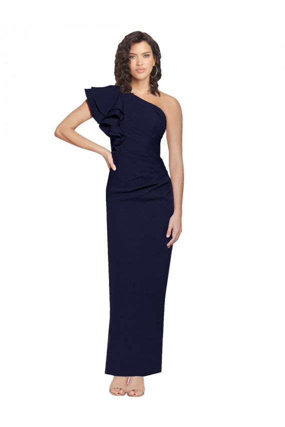 Sem Mangas Um Ombro Crepe Esticado Marinha Negra Comprimento Chão Bainha Vestidos de Madrinha / Vestidos de Noite / Vestidos de Festa Mais Barato