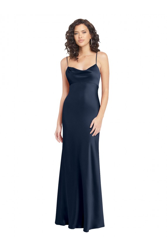 Sem Mangas Decote Capuz Cetim Elástico Marinha Negra Comprimento Chão Longo Vestidos de Madrinha / Vestidos de Noite / Vestidos de Festa Mais Barato