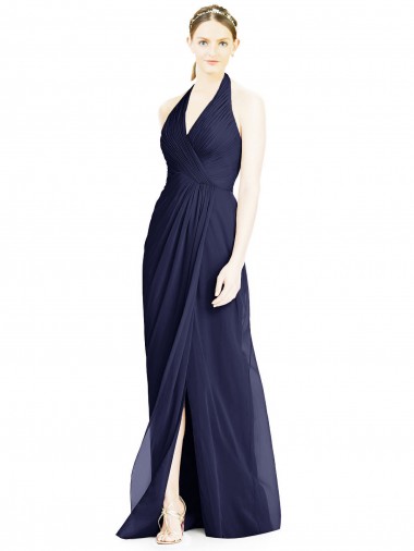 Sem Mangas Decote V Chiffon Marinha Negra Comprimento Chão Vestido de Festa / Vestido de Madrinha Mais Barato