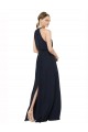 Sem Mangas Decote Alto Chiffon Marinha Negra Comprimento Chão Vestido de Festa / Vestido de Madrinha Mais Barato