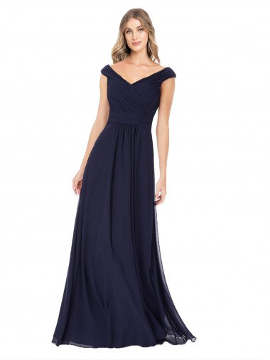 Sem Mangas Fora do Ombro Chiffon Marinha Negra Comprimento Chão Vestidos de Madrinha Mais Barato