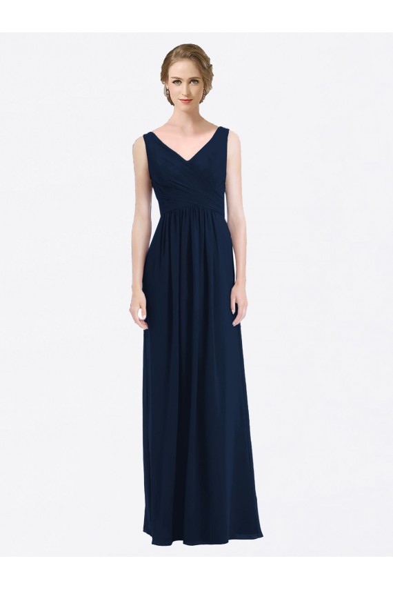Sem Mangas Decote V Chiffon Marinha Negra Comprimento Chão Vestidos de Madrinha / Vestidos Formais Mais Barato