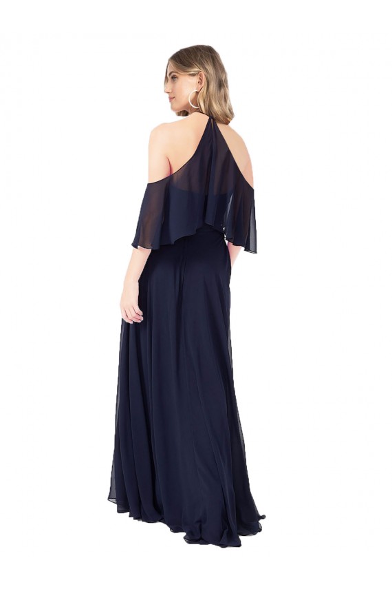 Ombro Frio, Mangas Esvoaçantes Decote Alto Chiffon Marinha Negra Comprimento Chão Vestidos de Madrinha Mais Barato