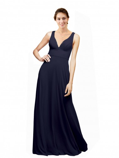 Sem Mangas Decote V Chiffon Marinha Negra Comprimento Chão Longo Vestido de Madrinha Mais Barato