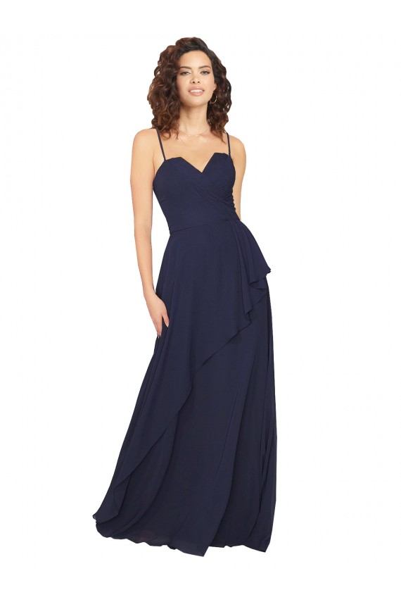 Sem Mangas Decote V Chiffon Marinha Negra Comprimento Chão Vestido de Madrinha Mais Barato