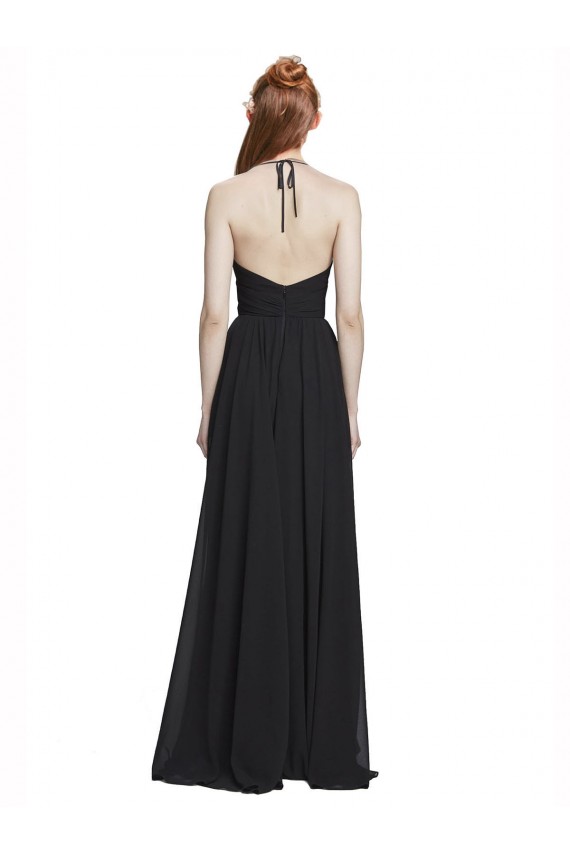 Sem Mangas Decote V Chiffon Marinha Negra Comprimento Chão Longo Vestidos de Baile Formais Mais Barato