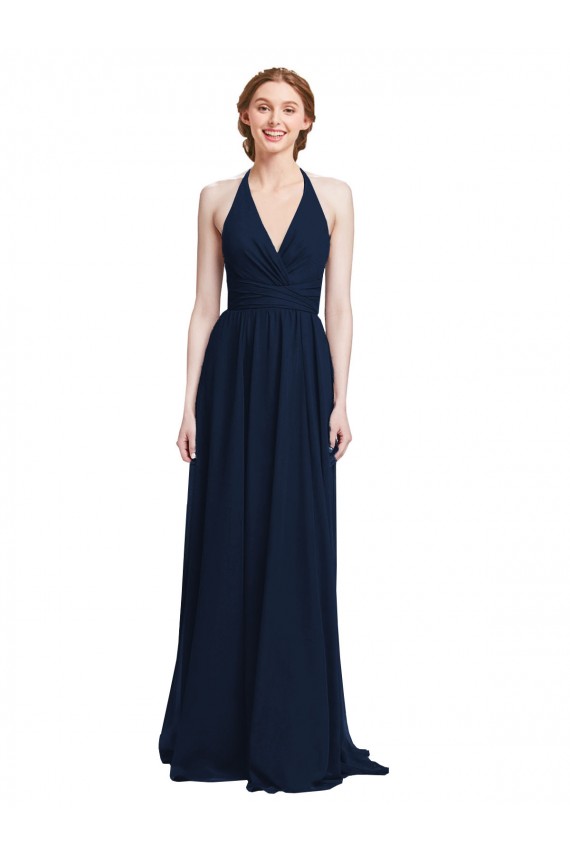 Sem Mangas Decote V Chiffon Marinha Negra Comprimento Chão Longo Vestidos de Baile Formais Mais Barato