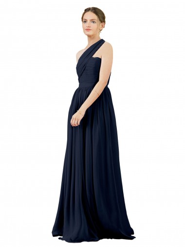 Sem Mangas Um Ombro Chiffon Marinha Negra Comprimento Chão Vestido de Noite / Vestidos de Madrinha Mais Barato