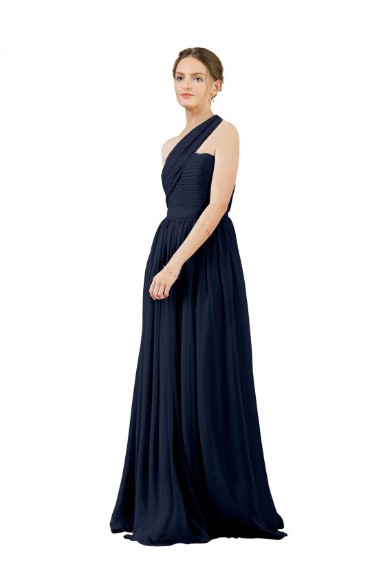 Sem Mangas Um Ombro Chiffon Marinha Negra Comprimento Chão Vestido de Noite / Vestidos de Madrinha Mais Barato