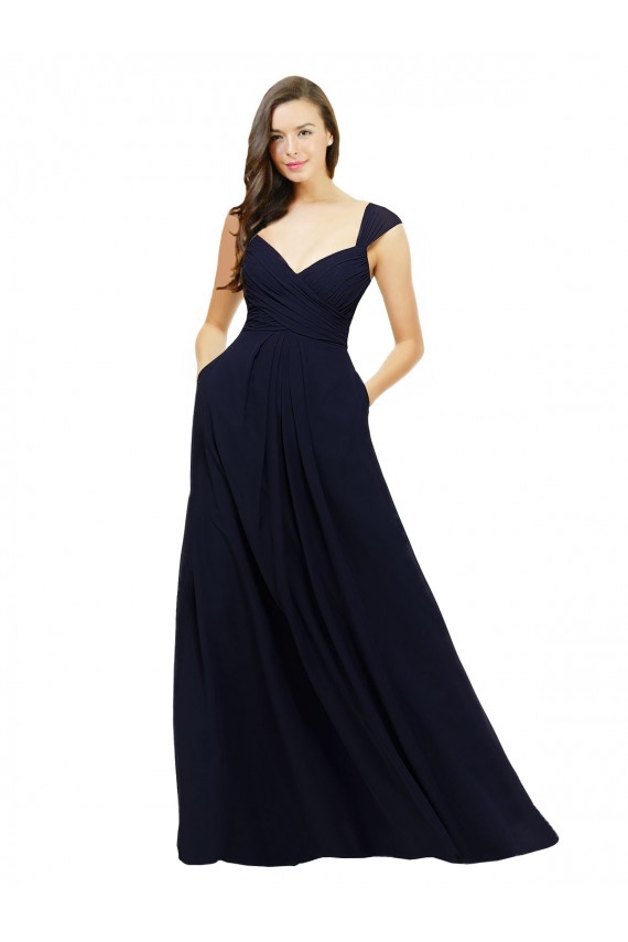 Sem Mangas Amor Chiffon Marinha Negra Comprimento Chão Vestido de Madrinha Formais Mais Barato