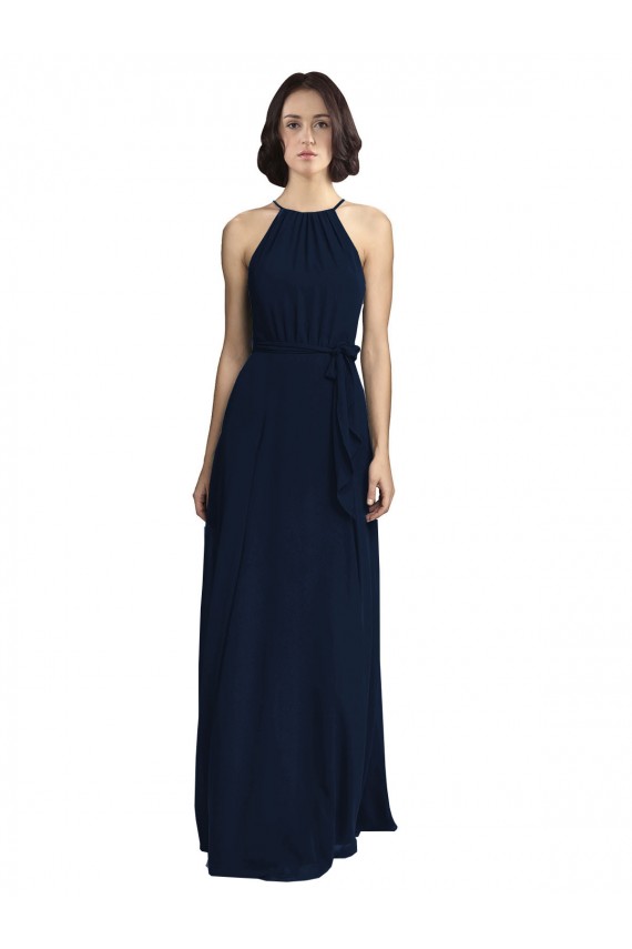 Sem Mangas Decote Alto Chiffon Marinha Negra Comprimento Chão Vestidos Formais / Vestidos de Madrinha Mais Barato
