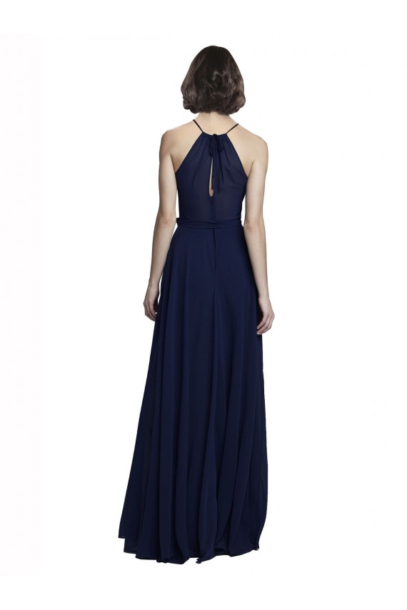 Sem Mangas Decote Alto Chiffon Marinha Negra Comprimento Chão Vestidos Formais / Vestidos de Madrinha Mais Barato