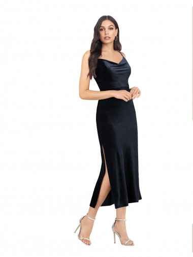 Sem Mangas Decote Capuz Veludo Elástico Marinha Negra Comprimento Midi Vestidos de Madrinha / Vestidos de Noite / Vestidos de Festa Mais Barato