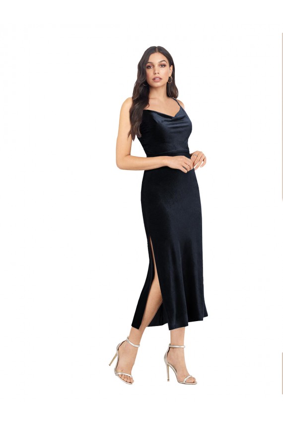 Sem Mangas Decote Capuz Veludo Elástico Marinha Negra Comprimento Midi Vestidos de Madrinha / Vestidos de Noite / Vestidos de Festa Mais Barato