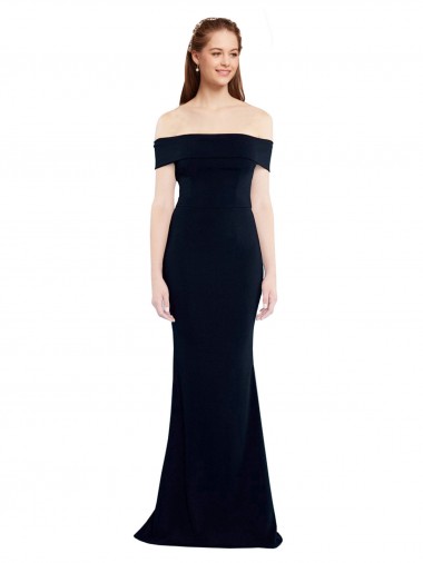 Sem Mangas Fora do Ombro Crepe Esticado Marinha Negra Comprimento Chão Vestidos de Madrinha / Vestidos de Noite / Vestidos de Festa Mais Barato